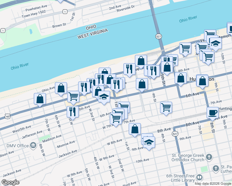 map of restaurants, bars, coffee shops, grocery stores, and more near 111 4th Avenue in Huntington