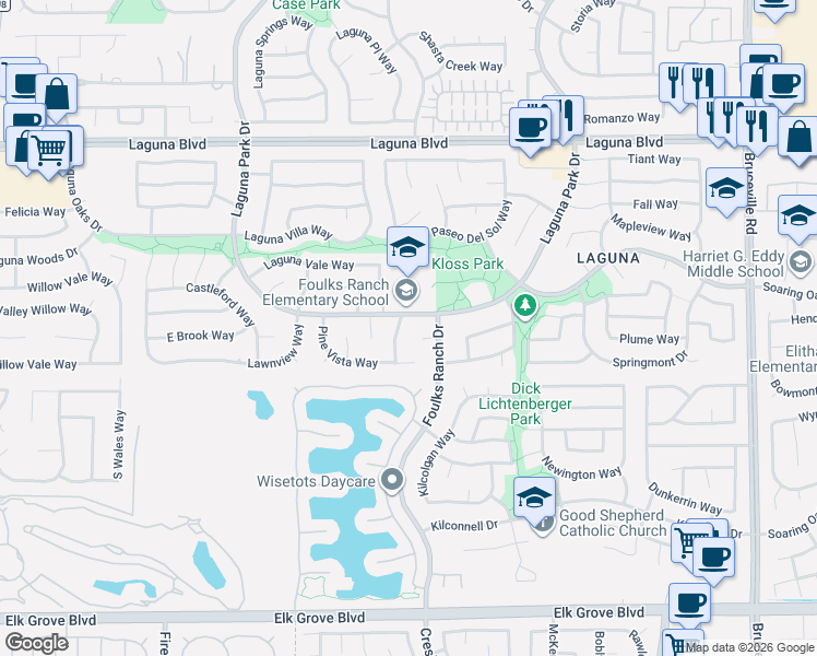 map of restaurants, bars, coffee shops, grocery stores, and more near 6228 Laguna Park Drive in Elk Grove