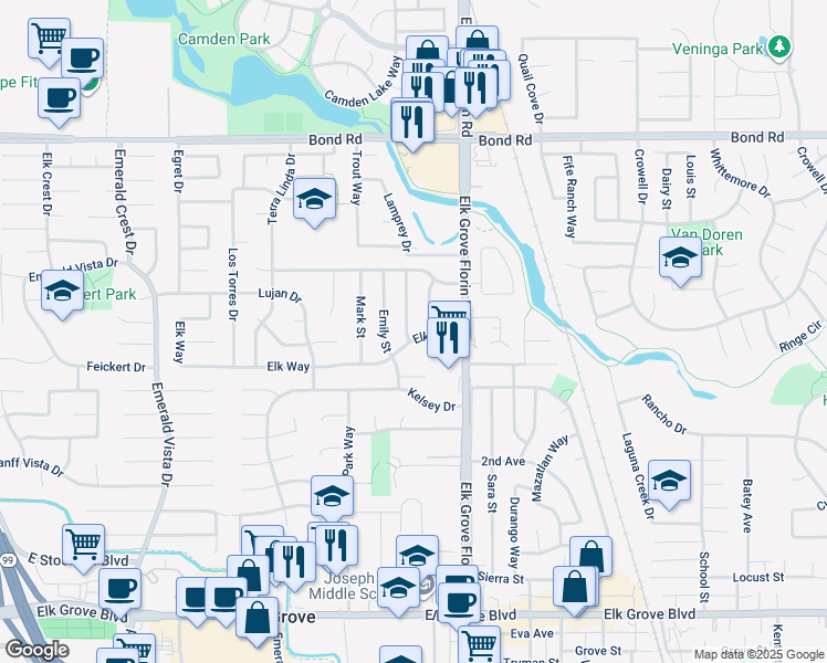 map of restaurants, bars, coffee shops, grocery stores, and more near 9345 Barth Street in Elk Grove