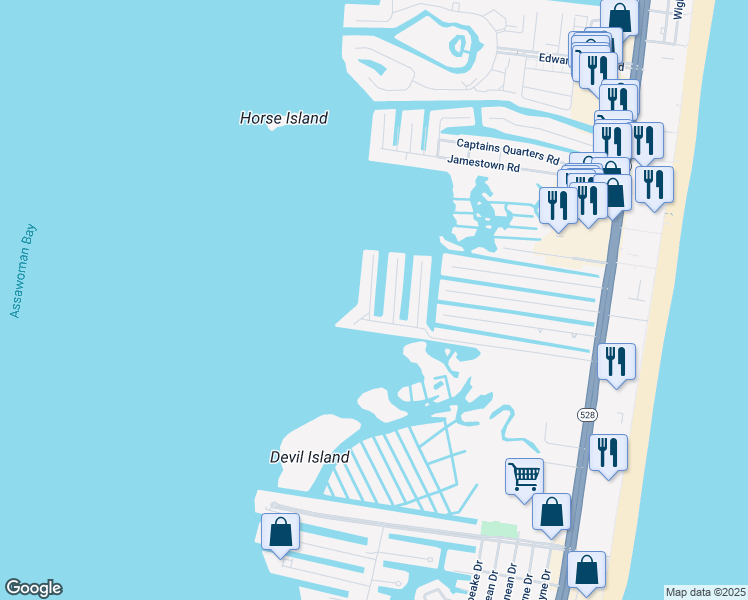 map of restaurants, bars, coffee shops, grocery stores, and more near 10614 Point Lookout Road in Ocean City