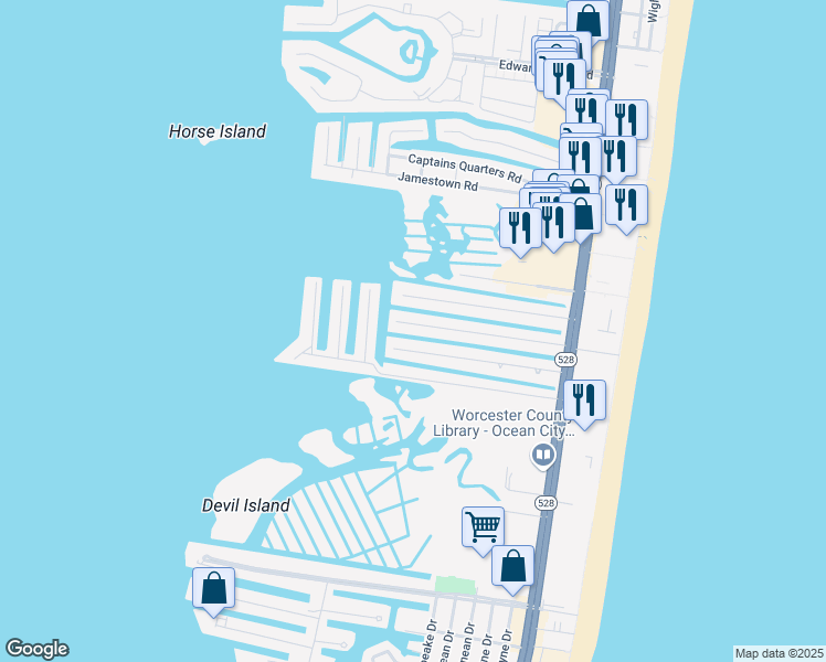 map of restaurants, bars, coffee shops, grocery stores, and more near 152 Old Wharf Road in Ocean City