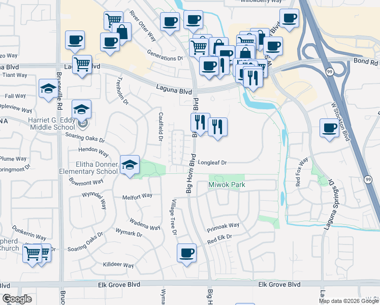 map of restaurants, bars, coffee shops, grocery stores, and more near 8440 Crystal Walk Circle in Elk Grove