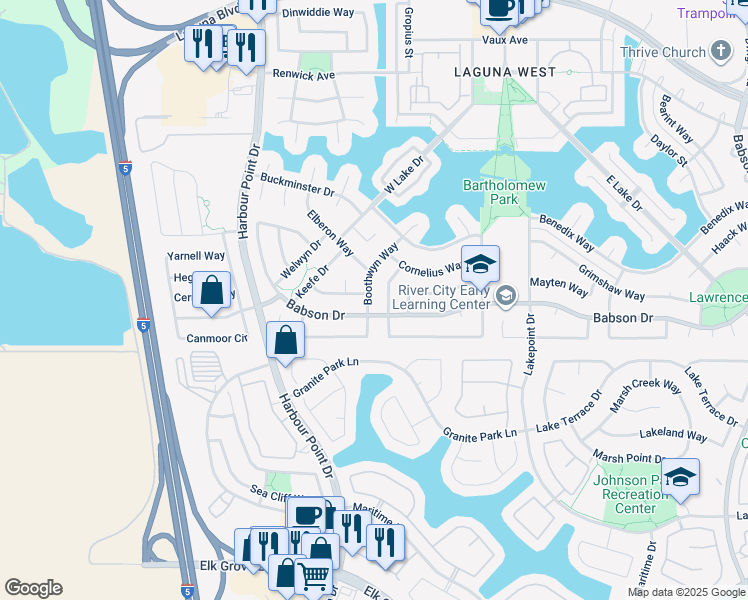 map of restaurants, bars, coffee shops, grocery stores, and more near 9361 Boothwyn Way in Elk Grove