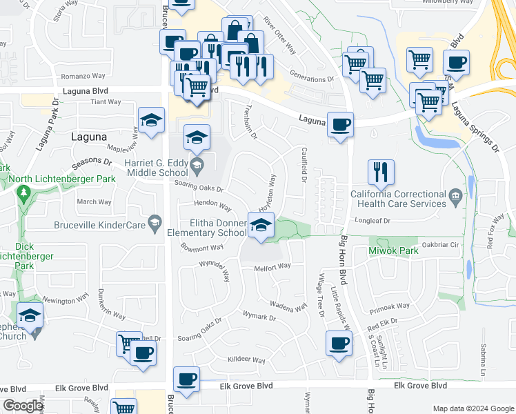 map of restaurants, bars, coffee shops, grocery stores, and more near 9384 Hoyleton Way in Elk Grove