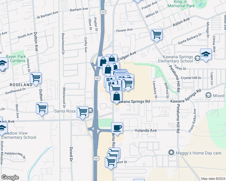 map of restaurants, bars, coffee shops, grocery stores, and more near 2239 Santa Rosa Avenue in Santa Rosa