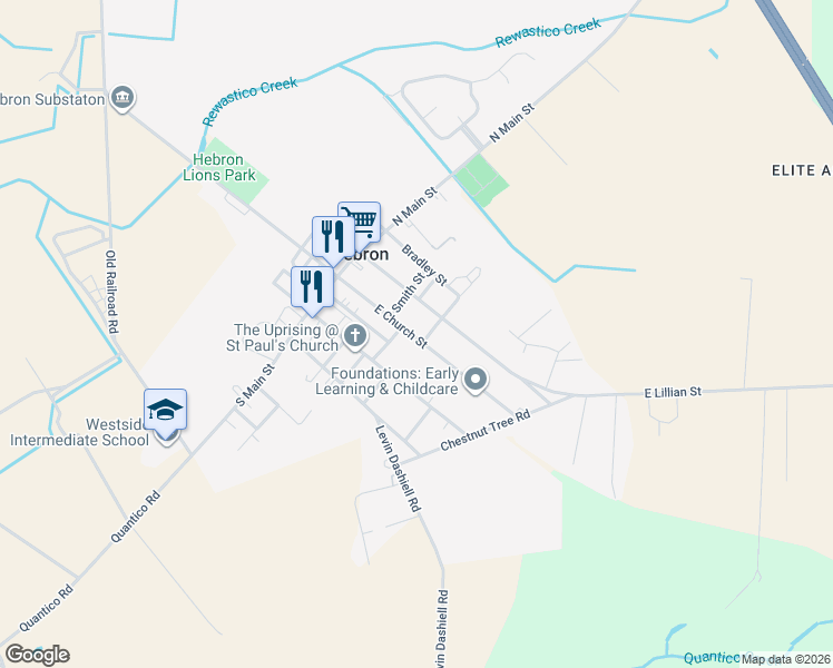 map of restaurants, bars, coffee shops, grocery stores, and more near 211 East Church Street in Hebron