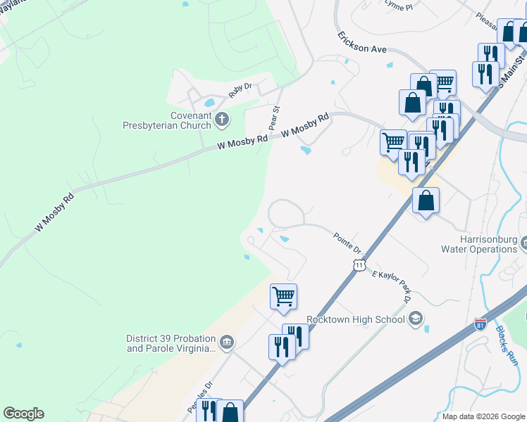 map of restaurants, bars, coffee shops, grocery stores, and more near 533 Pointe Drive in Harrisonburg