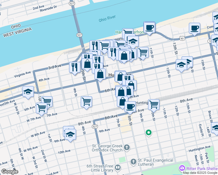 map of restaurants, bars, coffee shops, grocery stores, and more near 616 6th Avenue in Huntington