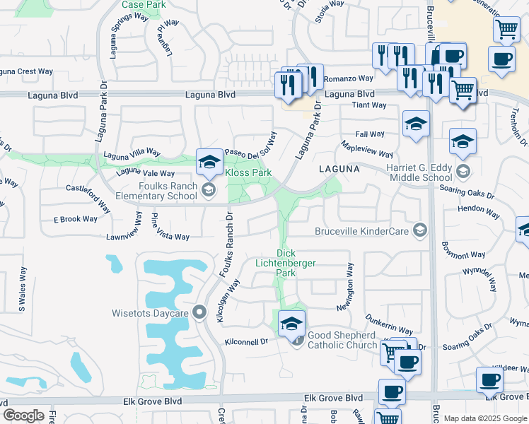 map of restaurants, bars, coffee shops, grocery stores, and more near 6508 Laguna Park Drive in Elk Grove