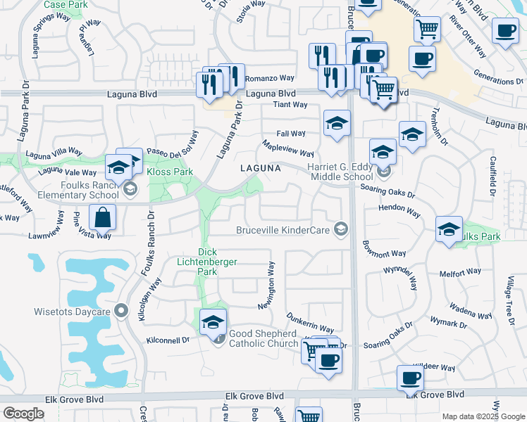 map of restaurants, bars, coffee shops, grocery stores, and more near 6908 Plume Way in Elk Grove
