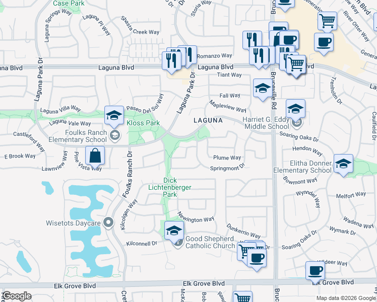map of restaurants, bars, coffee shops, grocery stores, and more near 6640 Koster Way in Elk Grove