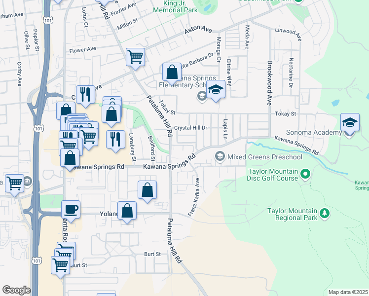 map of restaurants, bars, coffee shops, grocery stores, and more near 2115 Kawana Springs Road in Santa Rosa