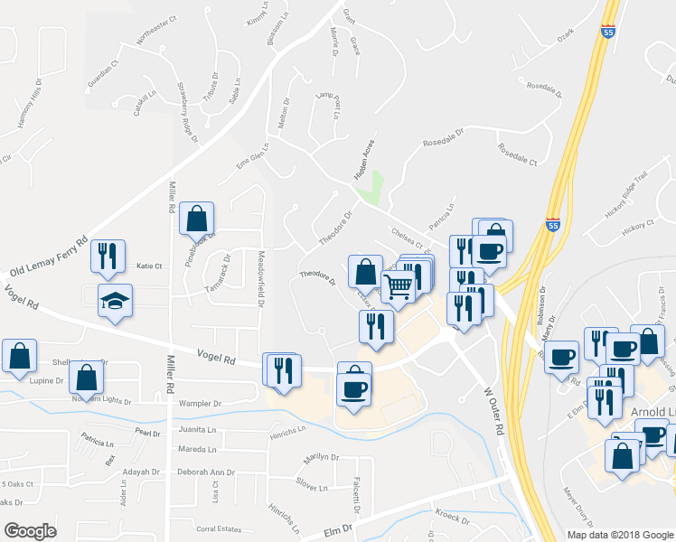 map of restaurants, bars, coffee shops, grocery stores, and more near 2122 Cromwell Court in Arnold