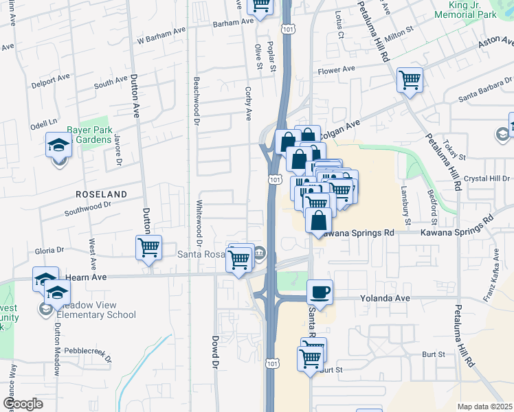 map of restaurants, bars, coffee shops, grocery stores, and more near 2290 Corby Avenue in Santa Rosa