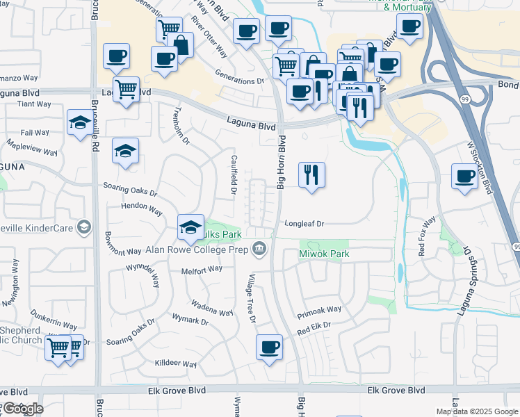 map of restaurants, bars, coffee shops, grocery stores, and more near 8440 Crystal Walk Circle in Elk Grove