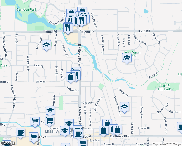 map of restaurants, bars, coffee shops, grocery stores, and more near 9348 Camada Court in Elk Grove