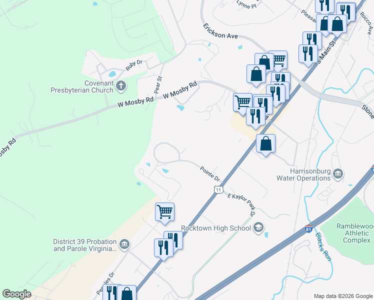 map of restaurants, bars, coffee shops, grocery stores, and more near 2850 Prairie Lane in Harrisonburg
