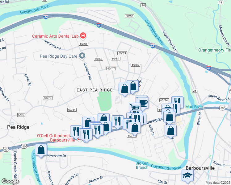 map of restaurants, bars, coffee shops, grocery stores, and more near 6197 East Pea Ridge Road in Huntington