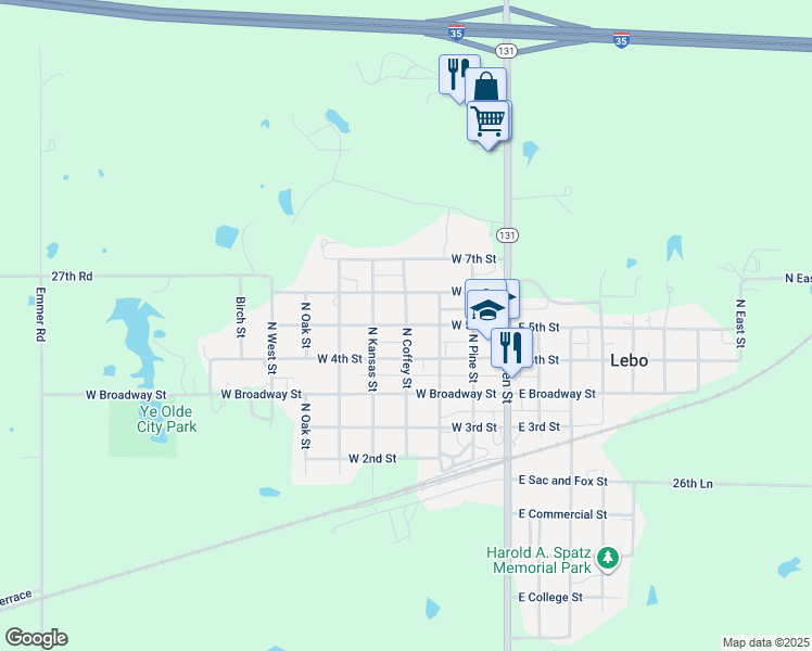 map of restaurants, bars, coffee shops, grocery stores, and more near 500 North Coffey Street in Lebo