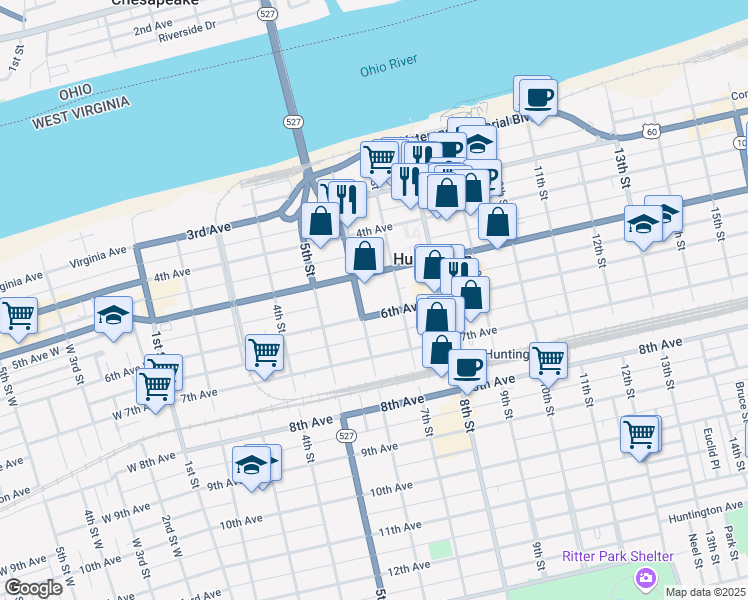 map of restaurants, bars, coffee shops, grocery stores, and more near 616 6th Ave in Huntington