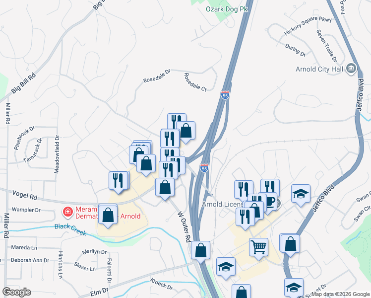 map of restaurants, bars, coffee shops, grocery stores, and more near 2001 Richardson Road in Arnold