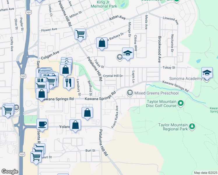 map of restaurants, bars, coffee shops, grocery stores, and more near 2115 Kawana Springs Road in Santa Rosa