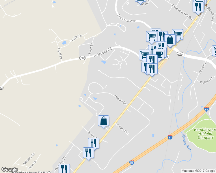 map of restaurants, bars, coffee shops, grocery stores, and more near 2850 Prarie Lane in Harrisonburg