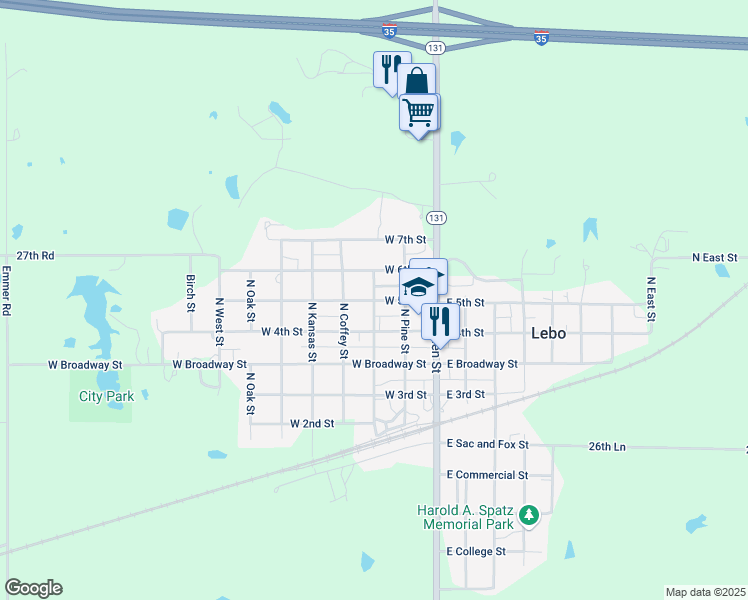 map of restaurants, bars, coffee shops, grocery stores, and more near 500 North Spruce Street in Lebo