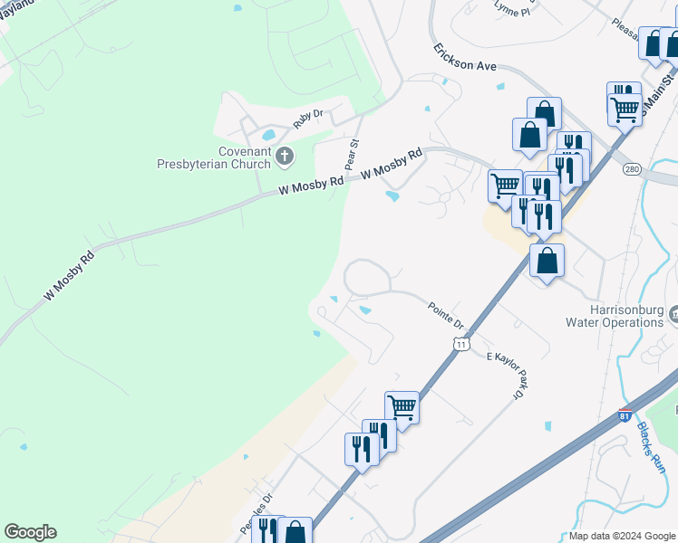 map of restaurants, bars, coffee shops, grocery stores, and more near 527 Pointe Drive in Harrisonburg