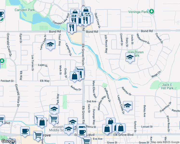 map of restaurants, bars, coffee shops, grocery stores, and more near 8904 Rancho Grande Court in Elk Grove