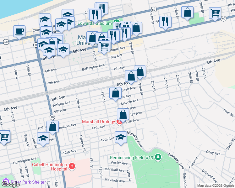 map of restaurants, bars, coffee shops, grocery stores, and more near 826 20th Street in Huntington