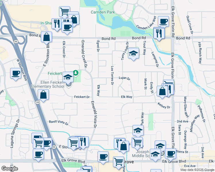 map of restaurants, bars, coffee shops, grocery stores, and more near 8587 Elk Way in Elk Grove