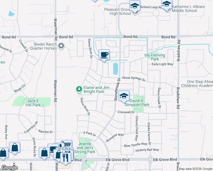 map of restaurants, bars, coffee shops, grocery stores, and more near 9480 Timber River Way in Elk Grove