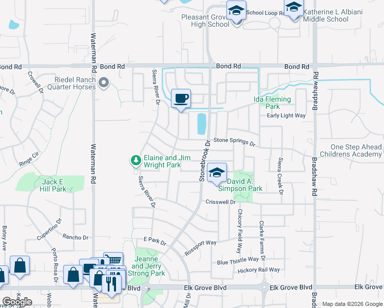 map of restaurants, bars, coffee shops, grocery stores, and more near 9480 Timber River Way in Elk Grove