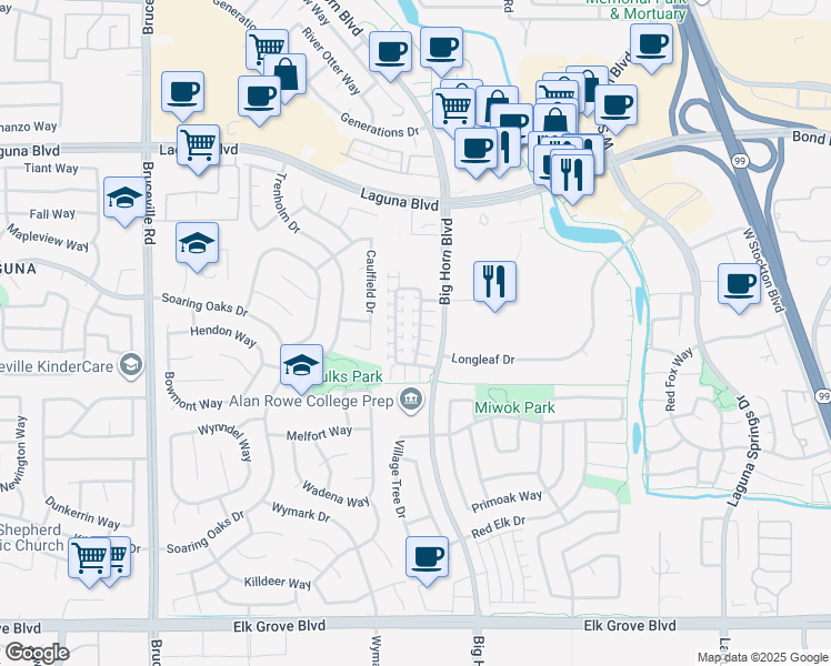 map of restaurants, bars, coffee shops, grocery stores, and more near 8440 Crystal Walk Circle in Elk Grove
