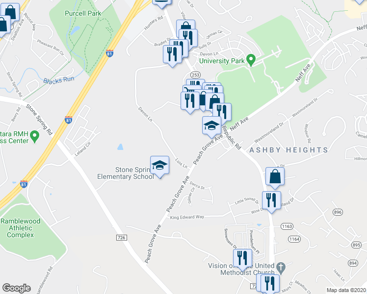 map of restaurants, bars, coffee shops, grocery stores, and more near 1056 Lois Lane in Harrisonburg
