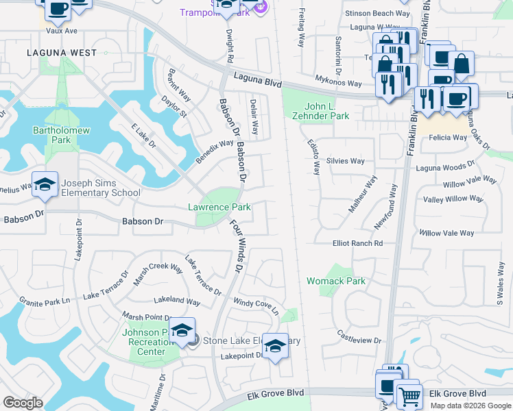 map of restaurants, bars, coffee shops, grocery stores, and more near 4001 Saul Way in Elk Grove
