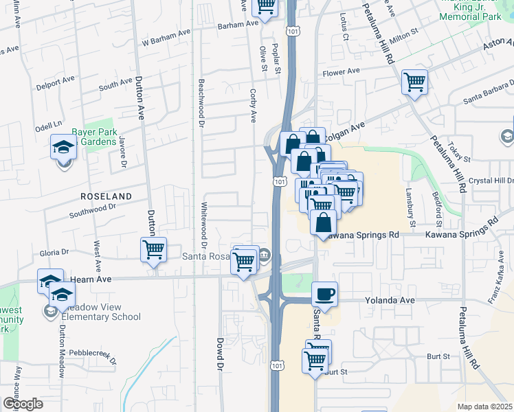 map of restaurants, bars, coffee shops, grocery stores, and more near 2290 Corby Avenue in Santa Rosa