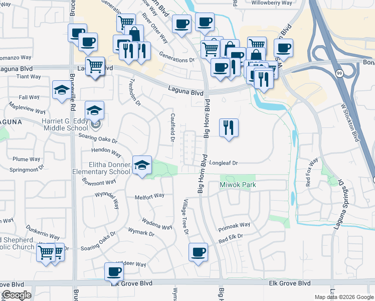 map of restaurants, bars, coffee shops, grocery stores, and more near 8236 Crystal Walk Circle in Elk Grove