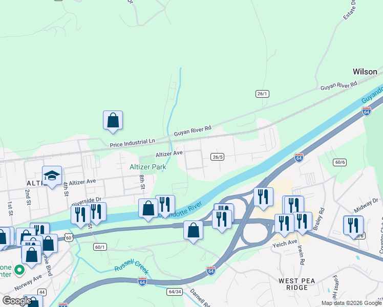 map of restaurants, bars, coffee shops, grocery stores, and more near 5000-5008 Altizer Avenue in Huntington