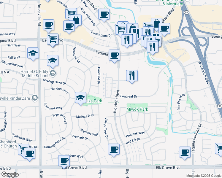 map of restaurants, bars, coffee shops, grocery stores, and more near 8461 Crystal Walk Circle in Elk Grove