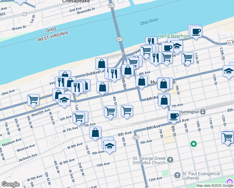 map of restaurants, bars, coffee shops, grocery stores, and more near 400 5th Avenue in Huntington
