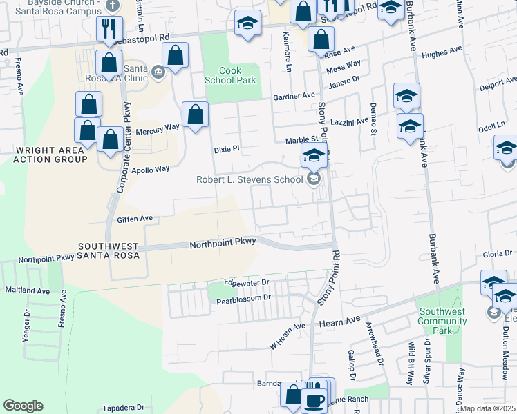 map of restaurants, bars, coffee shops, grocery stores, and more near 2597 Giffen Avenue in Santa Rosa