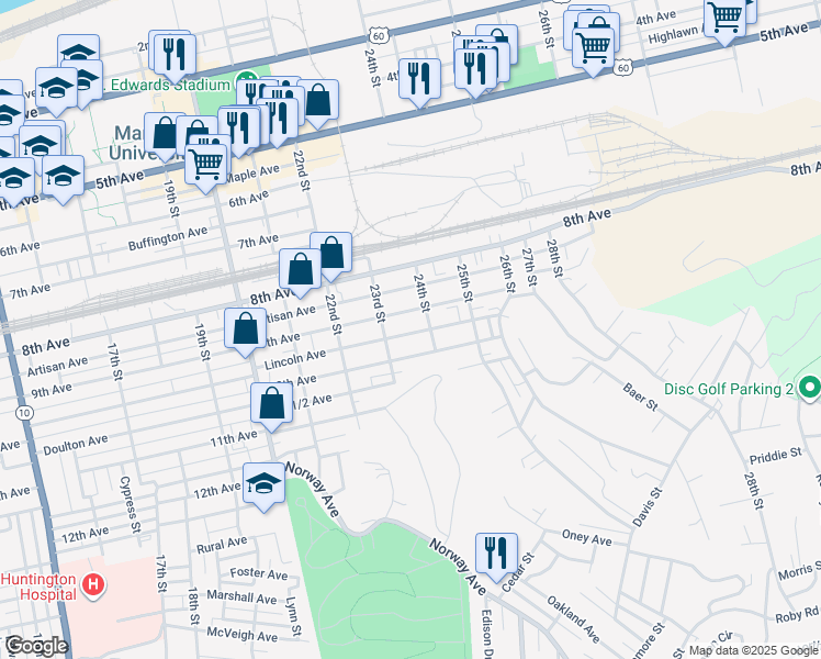 map of restaurants, bars, coffee shops, grocery stores, and more near 2317 Lincoln Avenue in Huntington