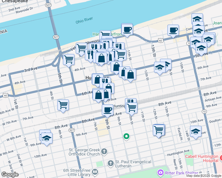 map of restaurants, bars, coffee shops, grocery stores, and more near 601 9th Street in Huntington