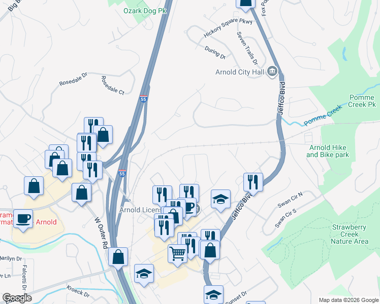 map of restaurants, bars, coffee shops, grocery stores, and more near 2005 Saint Christopher Way in Arnold