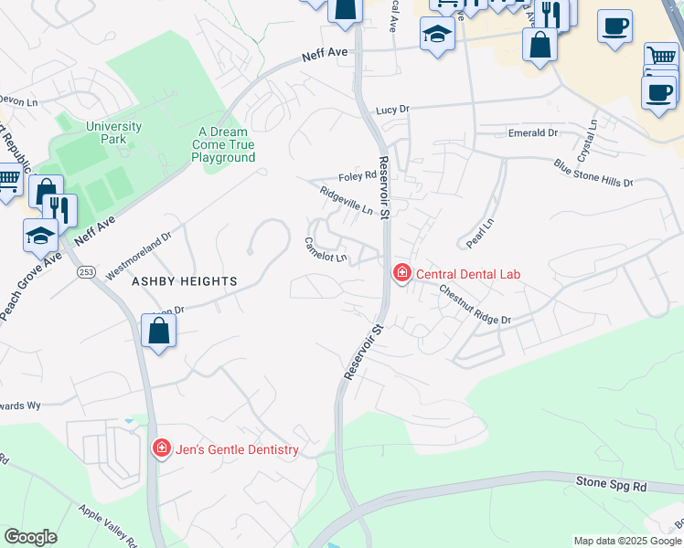 map of restaurants, bars, coffee shops, grocery stores, and more near 733 Hillmont Circle in Harrisonburg