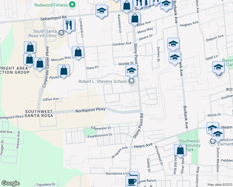map of restaurants, bars, coffee shops, grocery stores, and more near 2495 Giffen Avenue in Santa Rosa