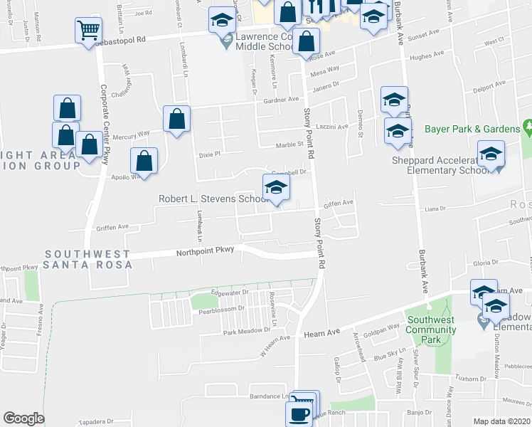 map of restaurants, bars, coffee shops, grocery stores, and more near 2400 Giffen Avenue in Santa Rosa