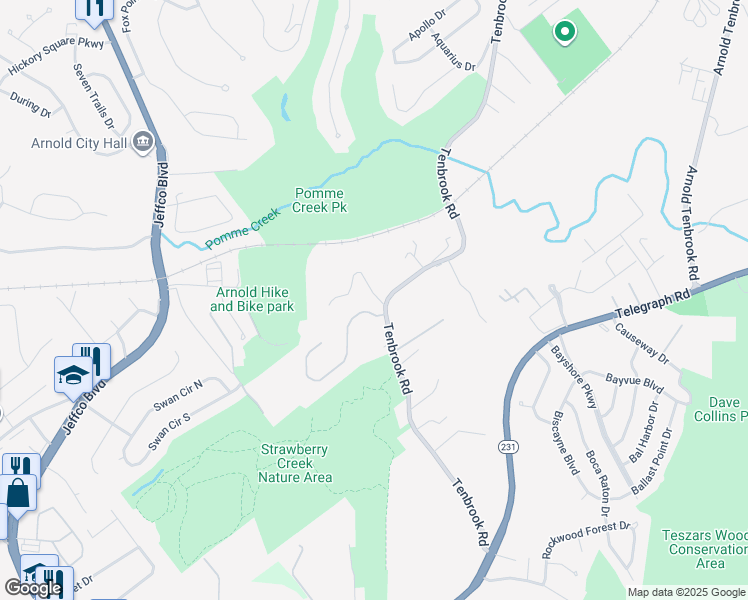 map of restaurants, bars, coffee shops, grocery stores, and more near 709 Noll Drive in Arnold